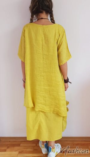 Ленена рокля с апликации - жълта - 175793
