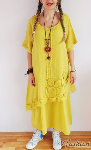 Ленена рокля с апликации - жълта - 175793