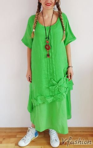 Ленена рокля с апликации - зелена - 175794