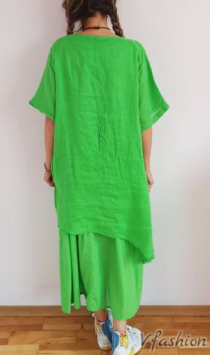 Ленена рокля с апликации - зелена - 175794