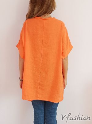 Ленена блуза с декоративен цип - оранжева - 175831
