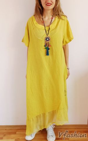 Ленена рокля с копринен волан - жълта - 175842