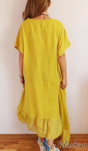 Ленена рокля с копринен волан - жълта - 175842