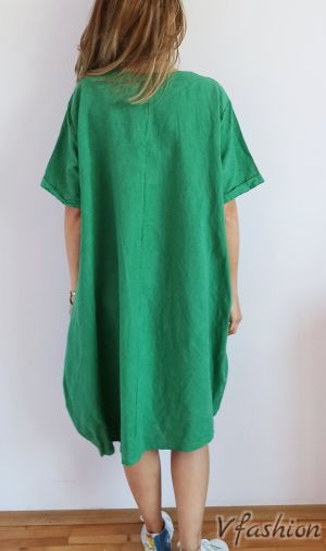Ленена рокля с апликация и джобове - зелена - 175856