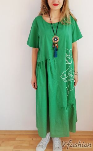Разкроена рокля с щампа - зелена - 175860
