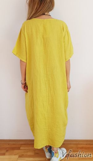 Ленена рокля с мрежа - жълта - 175869