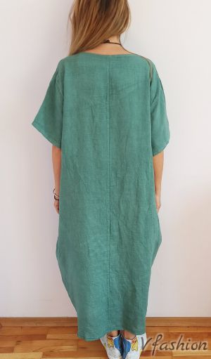Ленена рокля с мрежа - зелена - 175870