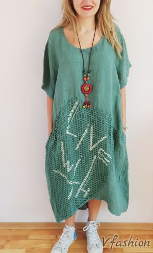 Ленена рокля с мрежа - зелена - 175870