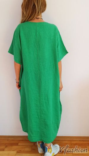 Ленена рокля с мрежа - тревисто зелена - 175872