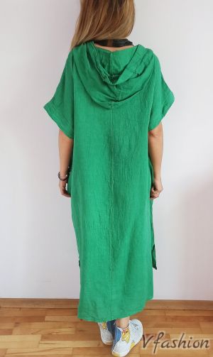 Ленена рокля с качулка - зелена - 175889