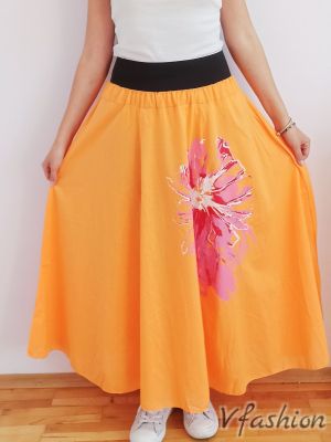 Разкроена пола с цвете - оранжева - 175899