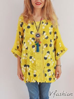 Блуза с дантелени акценти - жълта - 175955