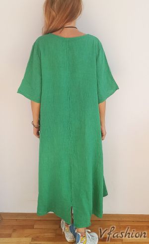 Ленена рокля с рози - зелена - 175996