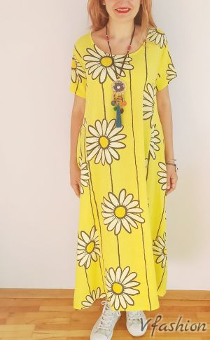 Ленена рокля с маргаритки - жълта - 175997