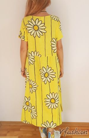 Ленена рокля с маргаритки - жълта - 175997