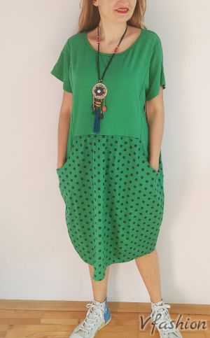 Памучна рокля на точки - зелена - 175999