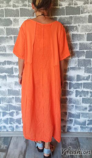 Ленена рокля с акценти - оранжева - 176048