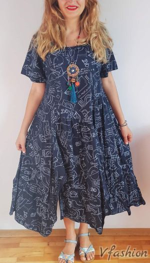 Разкроена рокля с принт - тъмносиня - 176050