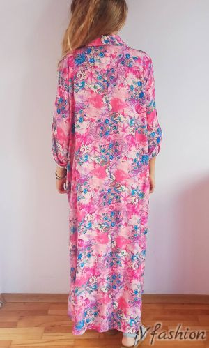 Дълга риза-рокля с флорални моиви - цикламена - 176080