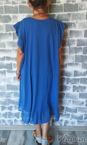 Памучна рокля с дантела - синя - 176083