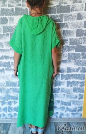 Ленена рокля с качулка - зелена - 176085