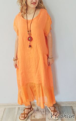 Ленена рокля с копринен волан - оранжева - 176091