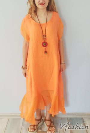 Ленена рокля с копринен волан - оранжева - 176091