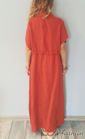 Дълга ленена рокля с копчета - керемидена - 176100