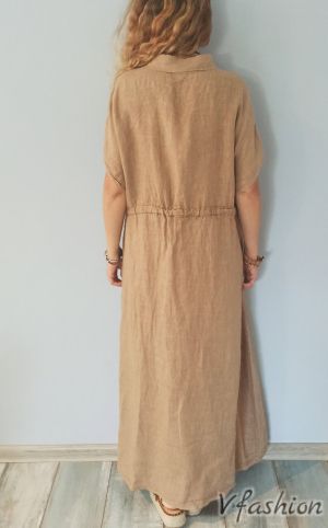 Дълга ленена рокля с копчета - бежова - 176101