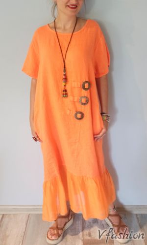 Ленена рокля с катарами - оранжева - 176118
