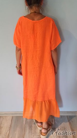 Ленена рокля с катарами - оранжева - 176118