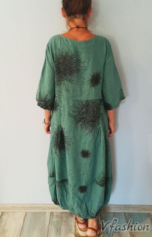 Ленена рокля с акценти - зелена -176126