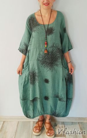 Ленена рокля с акценти - зелена -176126