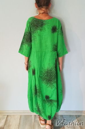 Ленена рокля с акценти - яркозелена - 176128