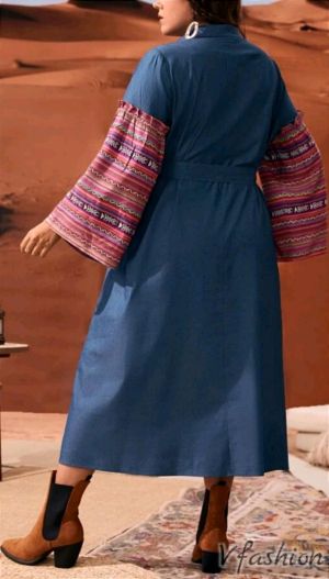 Дънкова рокля с цветни ръкави - 176293