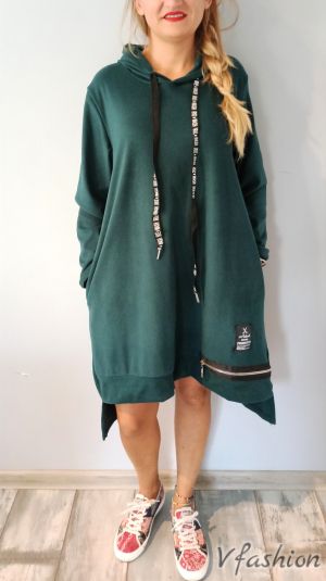 Асиметрична рокля/туника с качулка - зелена - 176386